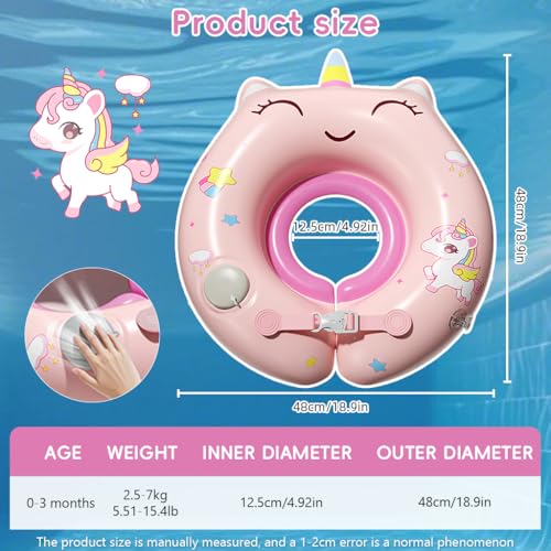 Image of Proberos Inflatable Baby Float Ring for 0-3 Months Age, Soft PVC Unicorn Swim Ring for Infants & Toddlers, Press-&-inflate Design, Adjustable Float Swim Float Tube for Bathing & Swimming, 12.5-48cm