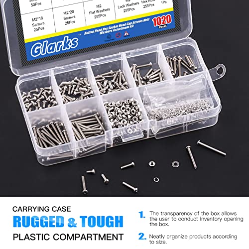Glarks 1021Pcs M2 Vis à tête de bouton 304 Acier inoxydable Hex Socket Cap vis Bolts and Nuts Winders Assortiment Kit avec clé hexagonale pour la réparation de voitures de meubles