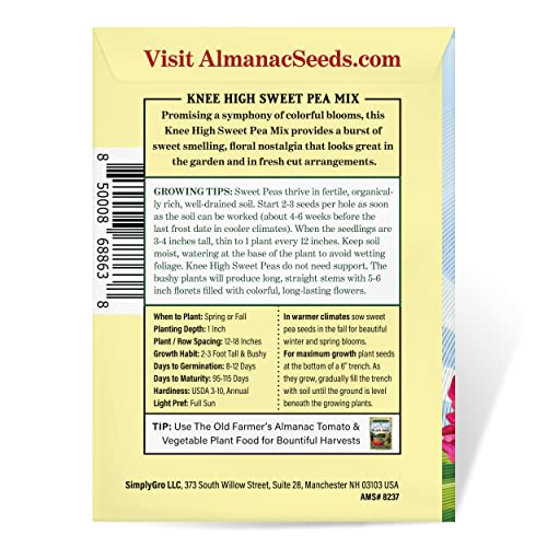 The Old Farmer's Almanac Sweet Pea Seeds (Knee High Mix) - Approx 10 Flower Seeds - Premium Non-Gmo, Open Pollinated, Usa Origin #TOP1