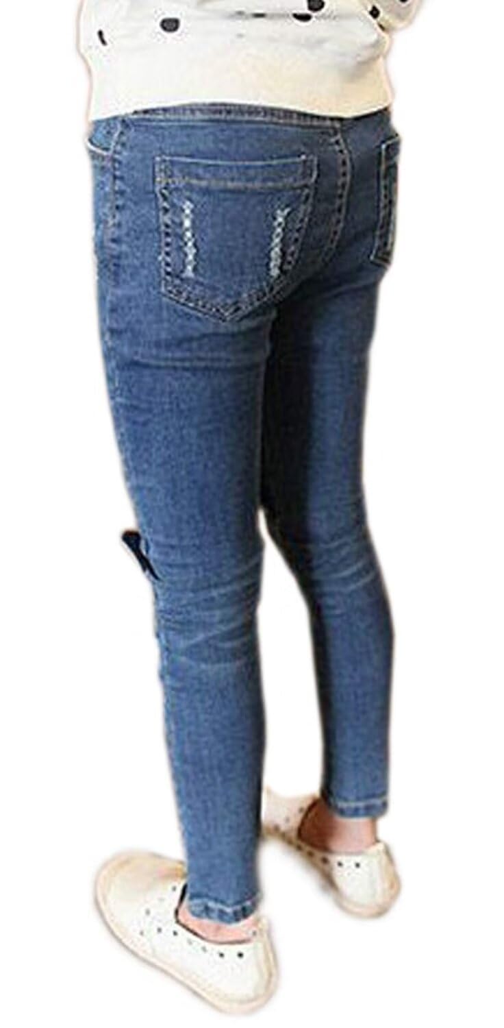 Pantalones de mezclilla ajustados para niñas grandes, con agujeros rasgados, color azul y gato