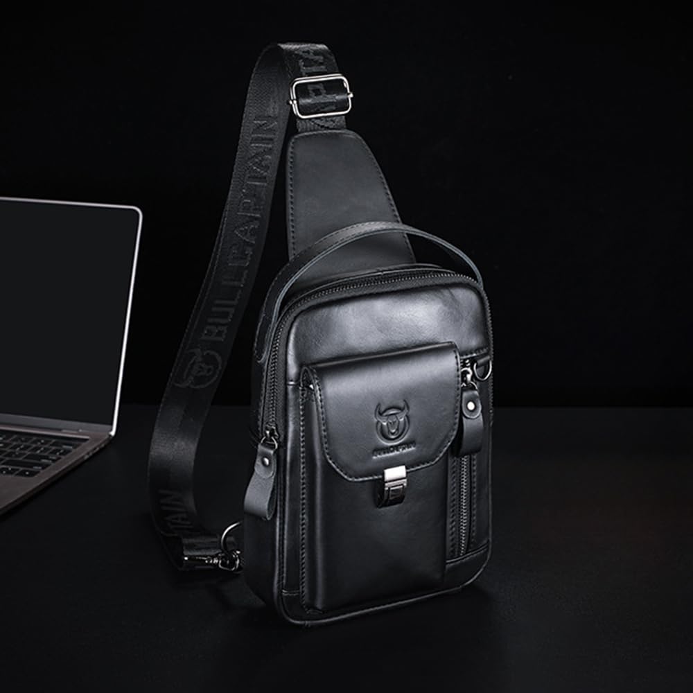 Domary Bolso Bandolera de Cuero Genuino, Mochila Duradera con Pecho para Agua, para Viajes Al Aire, Hombres y Mujeres (Negro)