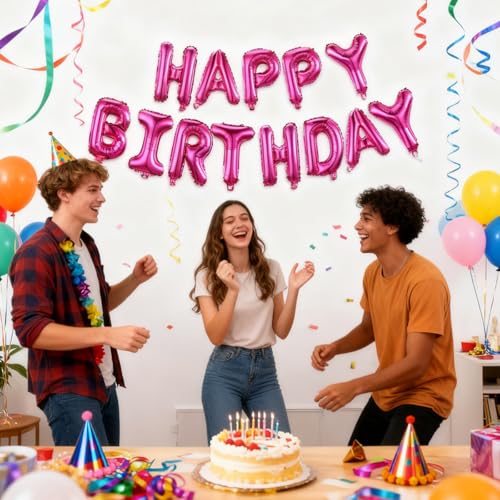 Image of Hot Pink Happy Birthday Balloon Banner Kit - 16 Inch Foil Letters Balloons Hot Pink Birthday Decor for Men, Women Adults,Reusable Mylar Balloons,Birthday Party Sign, Birthday Decorations Supplies