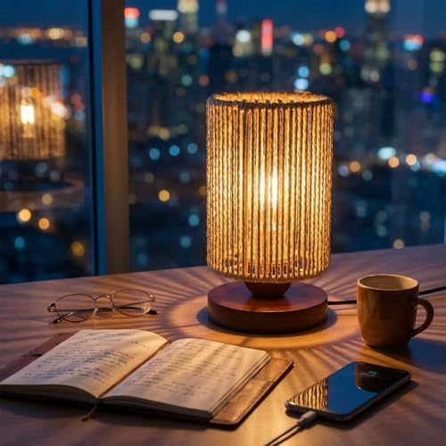 DKCONONY Small Rattan Table Lamp for Bedroom, Boho Bedside Lamp with Warm LED Bulb, Handwoven Wicker Nightstand Lamp for Nursery, Entryway & Dorm, Mini Ambient Night Light with Wood Base (8.6" Tall)