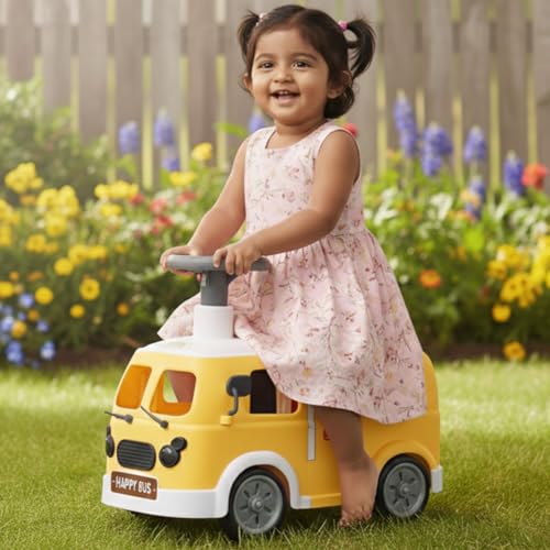 Image of Toyzone Happy Bus - Yellow | Toddler Ride-on | Lights & Music | Ride-on with Easy Storage | Grip Wheels | Make in India | Indoor & Outdoor | for Kids 2+ Years