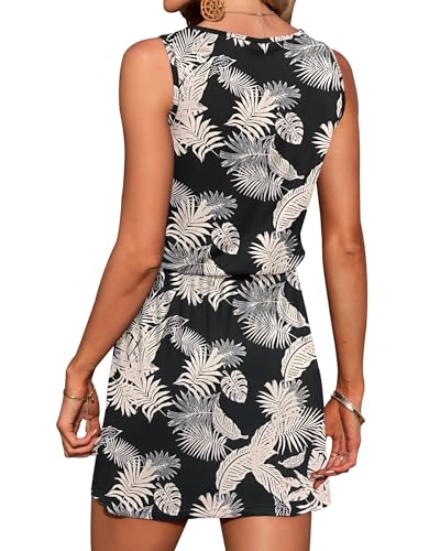 Image of AUSELILY Womens Summer Sleeveless V-Neck Drawstring Mini Dress with Pockets | Drawstring waist & pockets, sleeveless V-neck swing mini short dress for beach, vacation & daily wear