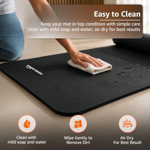 Image of Amazon Basics NBR Yoga & Exercise Mat Kit with Belt, Blocks & Towels | 13 mm Extra Thick Cushioned Support | Non-Slip Textured Surface | Ideal for Fitness & Home Workouts | 180 x 61 cm | Black