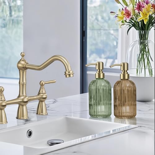 Image of 16 OZ Amber Glass Soap Dispenser, Amber Stripe Bathroom Hand Soap Dispensers with Stainless Steel Brushed Gold Pump,Brown Glass Kitchen Hand Soap Dispenser with Brushed Gold Pump,2 Packs