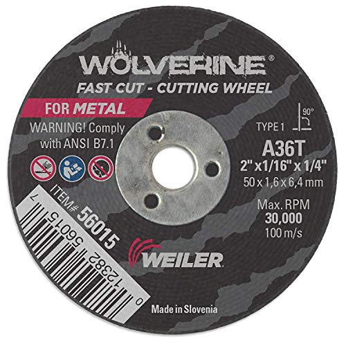 Weiler 56015 Wolverine Small Type 1 Reinforced Cut Off Wheel, A36T Grit, 1/4