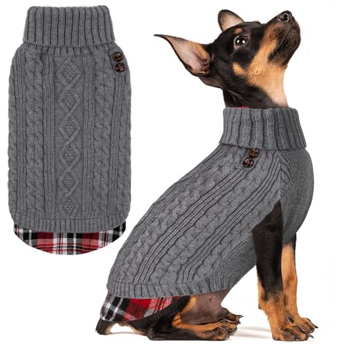 KYEESE Dog Sweater Soft Pullover Dog Sweaters for Small Dogs Male Warm Turtleneck Small Dogs Sweater with Gingham Patchwork Stretchy Knitwear Cat Clothes Thick Pet Coat for Fall Winter Cold Weather