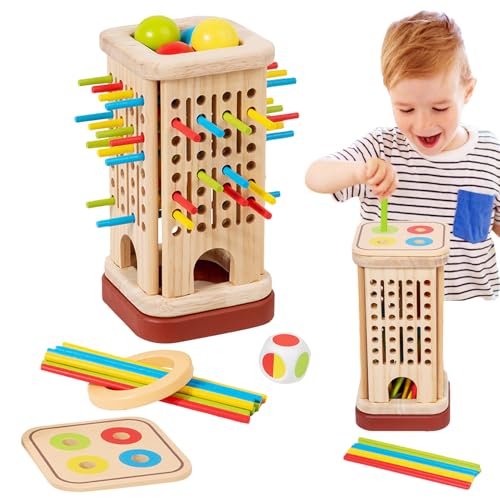 Eoixuqba Juego De Palos De Madera | Juego Familiar de Torre con Palitos de Colores y Dado,Juguete Educativo Familiar para Motricidad Fina Lógica Y Paciencia