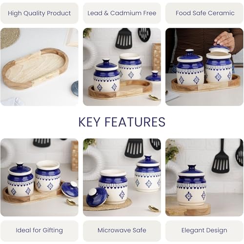 Image of The Earth Store Blue Drape Ceramic Jar with Wooden Tray | 650ml Each | Pickle Jar | Kitchen Storage Container Set for Pickle, Cookies, Sugar, Tea, Coffee - 2 Jars & 1 Tray Combo Set