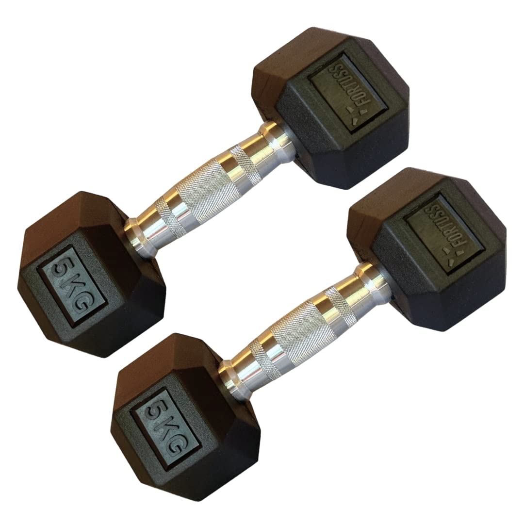 Pair of 5 KG Rubber Encased Hex Dumbbell - Anti-Roll, Anti-Slip Hand Weights with Chrome Handles for Strength and Weight Training at Home & Commercial Gyms - Sizes 2.5 KG – 15 KG