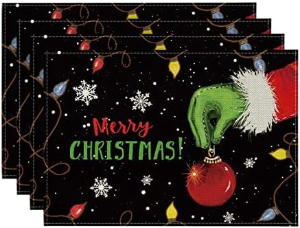Artoid Mode Xmas Ball Merry Christmas Placemats Set of 4, 12x18 Inch Seasonal Winter Holiday Black Table Mats for Party Kitchen Dining Decoration