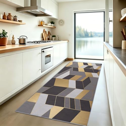 Tapis de couloir 60x150 cm 3D géométrique gris et doré