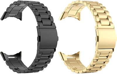 TenCloud 2Pack Pixel Watch Band Solid Stainless Steel Metal Bands Compatible with Google Pixel Watch Accessories for Pixel Smart Watch Bands (Black+Gold)
