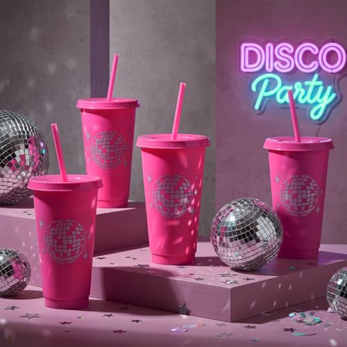 Ferrochef 16 Pcs Disco Party Favors 24 oz Disco Ball Cups with Lids and Straws Plastic Bachelorette Cup 70s 80s 90s for Summer Birthday Wedding Bridal Shower Cowgirl Dance Bar Party Supplies(Rose Red)