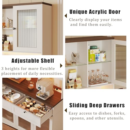 Image of HUAHUU 71 inch Kitchen Pantry Cabinet with Lights & Acrylic Doors, Pantry Storage Cabinet with Microwave Stand, Kitchen Hutch Food Cabinets with Charging Station, Adjustable Shelves, White