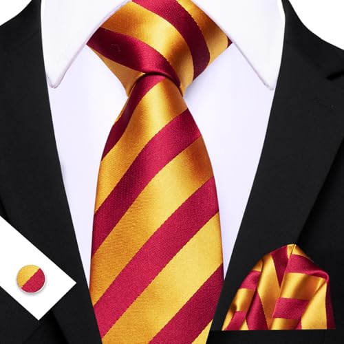 Image of Barry.Wang Man Stripe Ties Set Silk Woven Pocket Square Necktie Cufflinks Formal Party Business