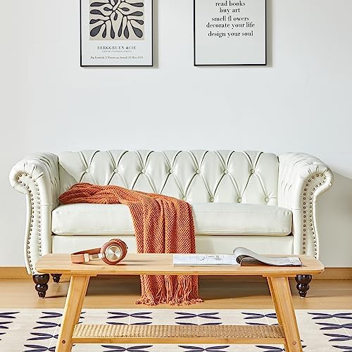 Loveseat Sofa, Chesterfield Modern Faux Leather Sofa Tufted Couch 2 Seater with Rolled Arms and Nailhead for Living Room, Bedroom, Office, Apartment (White)
