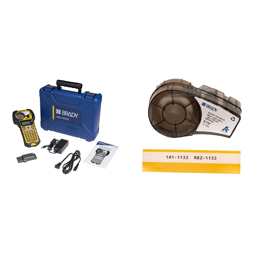 Brady M210 Portable Label Printer Kit &amp; Authentic Self-Laminating Wire Wrap for Control and Electrical Panels, Datacom Cable, Black on White 75" W, 14' L