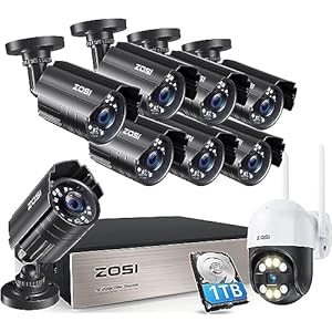 ZOSI 1080P Security Camera System with 1TB HDD H.265+ 8CH 5MP Lite HD-TVI Video DVR Recorder with 8pcs HD 1920TVL Cameras&C289 WiFi Pan Tilt Camera Outdoor,AI Human Vehicle Detection,Color Night