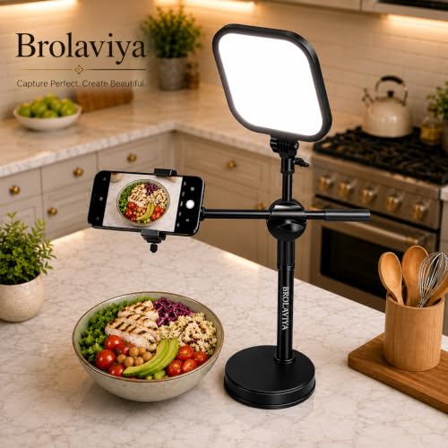 Image of BROLAVIYA Overhead Phone Stand with LED Fill Slab Light, 360 Rotating Phone Holder, Desk Stand for Reading, YouTube, TikTok, Reels, Cooking Videos, Recording & Content Creation