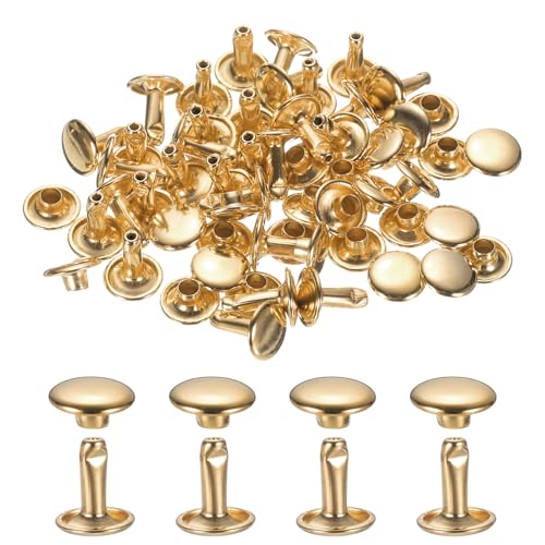 uxcell 120Set Leather Rivets, 9mm Double Cap Rivet Tubular Metal Studs Repairs Decoration Craft Accessories for Repair Decorate Leather Craft Belt Bag Shoes Purse Belts, Light Gold