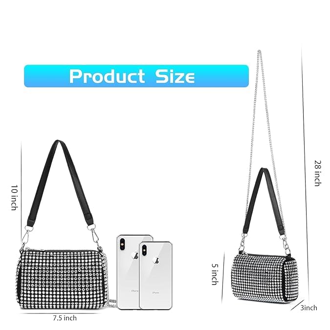 Image of Classy Bag Women's Rhinestone Studded Shoulder Bag - Black Barrel Purse with Detachable Chain Strap - Sparkly Evening Handbag for Party, Prom, or Night Out