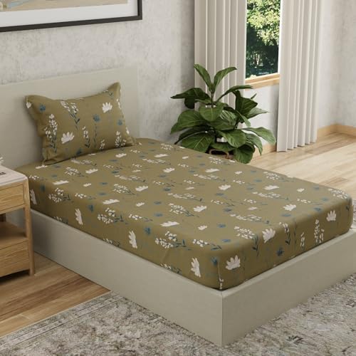 Image of HUESLAND by Ahmedabad Cotton 144 TC Bedsheet for Single Bed with 1 Pillow Cover | Olive Green, White & Grey