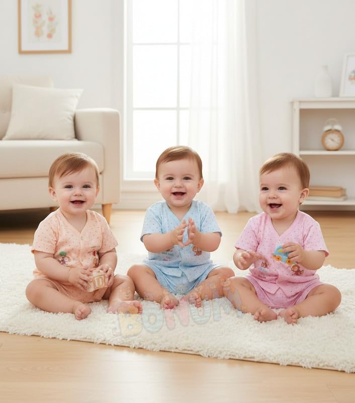Image of BONUM Baby's Boy's Girl's 100% Cotton Button Shirt with Pyjama Pant Set of 3 New Born Baby Clothes