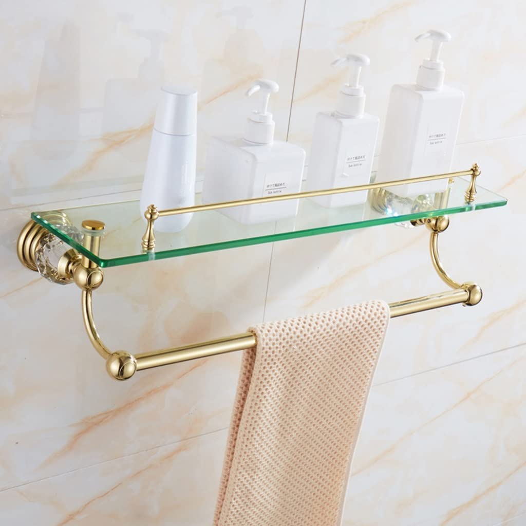 Mensola da bagno in vetro temperato trasparente con barra portasciugamani a 12 strati rettangolare da parete, può contenere 9,1 kg, dimensioni: 50 x 16 cm, elegante finitura trasparente e oro