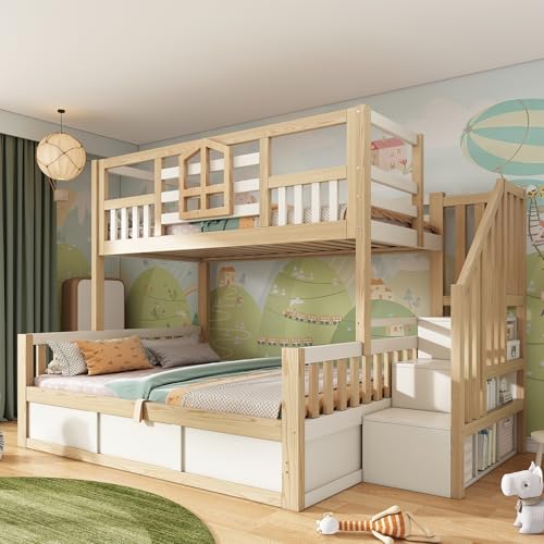 Lit enfant, lit superposé enfant, 90x200 cm, avec espace de rangement hydraulique, style chalet, avec fenêtre, barrière de sécurité, échelle droite,sans...