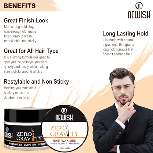 Newish Zero Gravity Hair Wax for Men | Strong Hold, Ultra Matte Finish | Modish Hair Style | Restylable Anytime, Easy Wash Off | Hair Styling Wax for Glossy Finish & Shine |... - Image 3