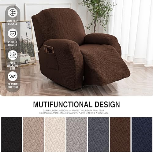 Image of Genina Recliner Chair Covers, Stretch Reclining Chair Cover, Recliner Sofa Slipcovers Stripe Jacquard Lazy Couch Covers Furniture Protector Covers for Pet Kid (Chocolate, 1 Seat)