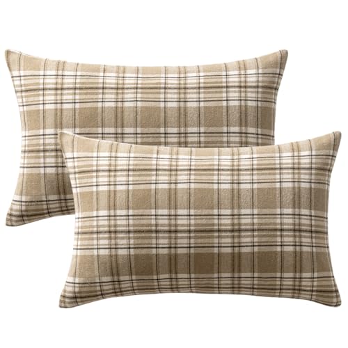 Image of MIULEE Fall Plaid Pillow Covers Scottish Tartan 12x20 Neutral Khaki | Set of 2 Fall Decorations Lumbar Cushion Covers, Farmhouse Winter Home Decor, for Thanksgiving Sofa Couch Bed Living Room