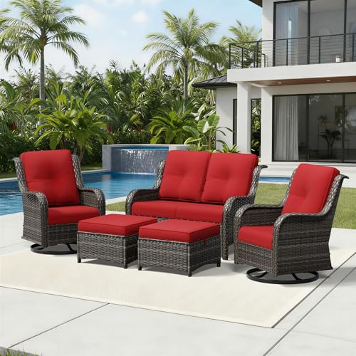 Image of Joyside 5 Piece Wicker Patio Furniture Set, Outdoor Swivel Rocker Patio Chairs with High Back, Deep Seating, Wide Armrest, Thickened Cushions, Outdoor Furniture for Deck, Porch Use