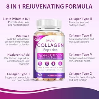Multi Collagen Peptides Softgel - Type I, II, III, V, X - Hydrolyzed Collagen Peptides with Biotin, Vitamin C, Hyaluronic Acid, Supports Skin Hair Nail, Grass-Fed, Non-GMO, 60 Softgel, 1 Pack