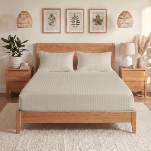 Image of Blue Dahlia 100% Cotton, King Size /Double, Elastic Fitted Bedsheet (72 inchx78 inch) + 2 Pillow Covers, Silky Smooth Feel, 12 inch Deep Mattress Pocket, 300TC Self Striped Premium Bedsheet, Colour: Beige