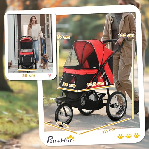 PawHut Hundewagen Hundebuggy klappbar für Hunde & Katzen bis 20 kg Katzenbuggy mit geländegängige Gummiräder Kissen Netzfenstern Türen Katzenwagen mit Aufbewahrungskorb Buggy Rot