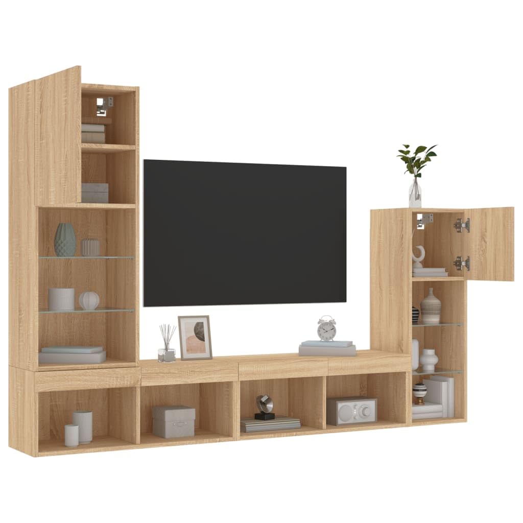 Zestaw ściennych mebli pod TV 4-częściowy z oświetleniem LED RGB, dąb sonoma, szafka wisząca RTV do salonu i biura, meblościanka z dużym miejscem do przechowywania książek i sprzętu multimedialnego