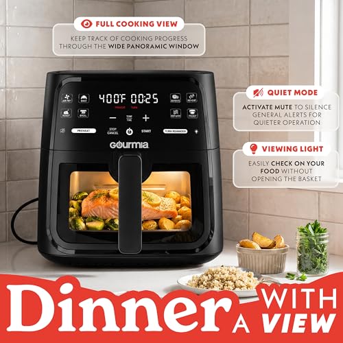 Image of Gourmia Air fryer with 8 litres, 8 preset settings with digital display, FryForce 360 technology, easily visible window and interior light, basket suitable for