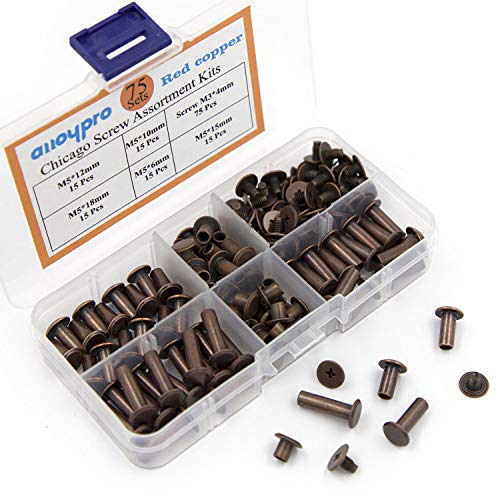 75 Sets Chicago Screws Assorted Kit Red Copper Leather Rivets Screw Rivets Slotted Phillip Head Book Binding Posts Nail Rivet Chicago Bolts for DIY Leather Craft Bookbinding (5x6,10,12,15,18)