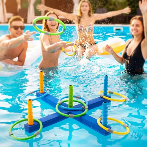 Leitee Pool Ring Toss Game for Adults Floating Foam Water Toss Toy Set with 5 Poles 2 Bases and 6 Rings Swimming Pool Game for Outdoor Backyard Summer and Family Party Favor