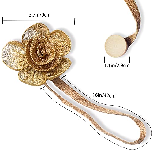 klhxp atural Jute Curtain Magnetic Tiebacks, Hand-woven rebates, Linen Decorative Curtains Buckles, Sheer Curtains Hemp Rope Strap, Indoor Room Flower shape curtain strap 2 Pack (light brown) - Image 3