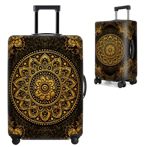 Image of Luxury Gold Mandala Luggage Cover Protective Suitcase Protector, Vintage Bohemian Floral Elastic Washable Travel Baggage Cover Fits 24-26 Inch Suitcase, Elegant Gold and Black Design,M