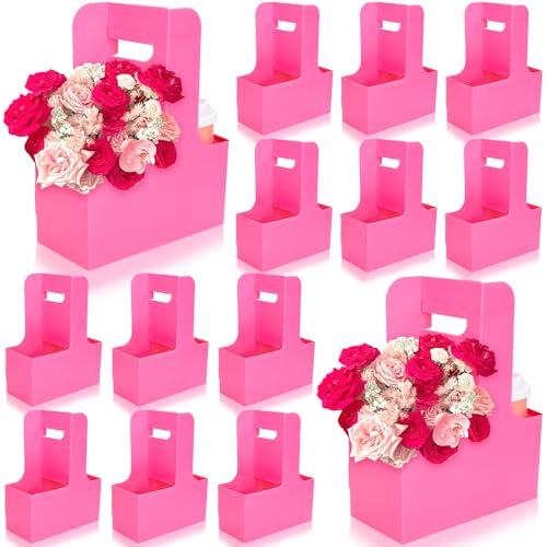 Whaline Mother's Day Hot Pink Kraft Flower Gift Bags 20 Pcs Drink Carriers with Handle to 2 Cup Floral Wrap Packing Box Paper Holder Baskets for DIY Crafts Wedding Valentine's Day Birthday Party Decor