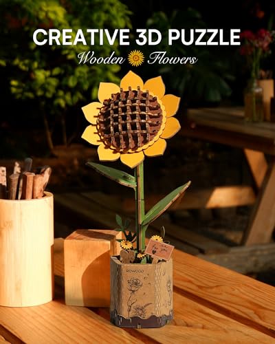 ROWOOD Doe-het-zelf houten 3D-puzzel, kunstbloemen om in elkaar te zetten, knutselset voor volwassenen, beste woondecoratie en Valentijnscadeau (roze roze