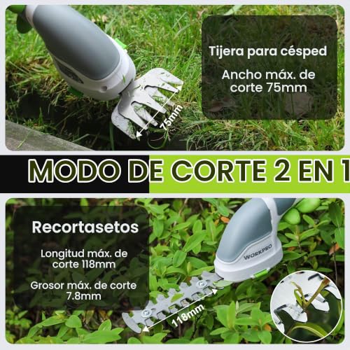 Miniatura 6 de (Usado) Workpro Tijeras Cortacésped Y Arreglasetos 2 En 1, 3,6 V Cortasetos A Batería 2 Ah, Tijeras Arreglaseto Con 2 Tipos De Cuchillas Ancho De Corte 75 Mm, 118 Mm, Herramienta Para Jardín Blanco