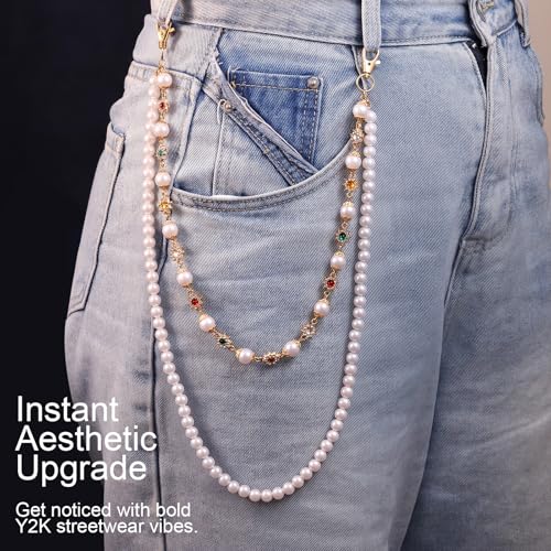 Image of Y2K Pearl Pants Chain Streetwear Jewelry- Unisex Layered Wallet Chain with Heart Cross Pendant, Punk Aesthetic Jeans Keychain Accessory for Men Women