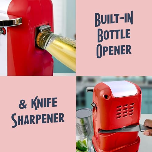 Image of Nostalgia Retro Electric Can Opener for Kitchen with Magnetic Lid Remover, Knife Sharpener, and Soda or Beer Bottle Opener, Red